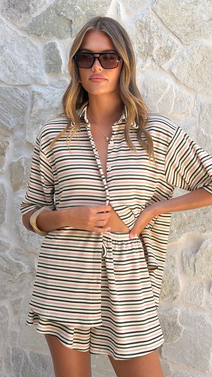 Tali Button Up Shirt and Shorts Set - Beige/Green Stripe