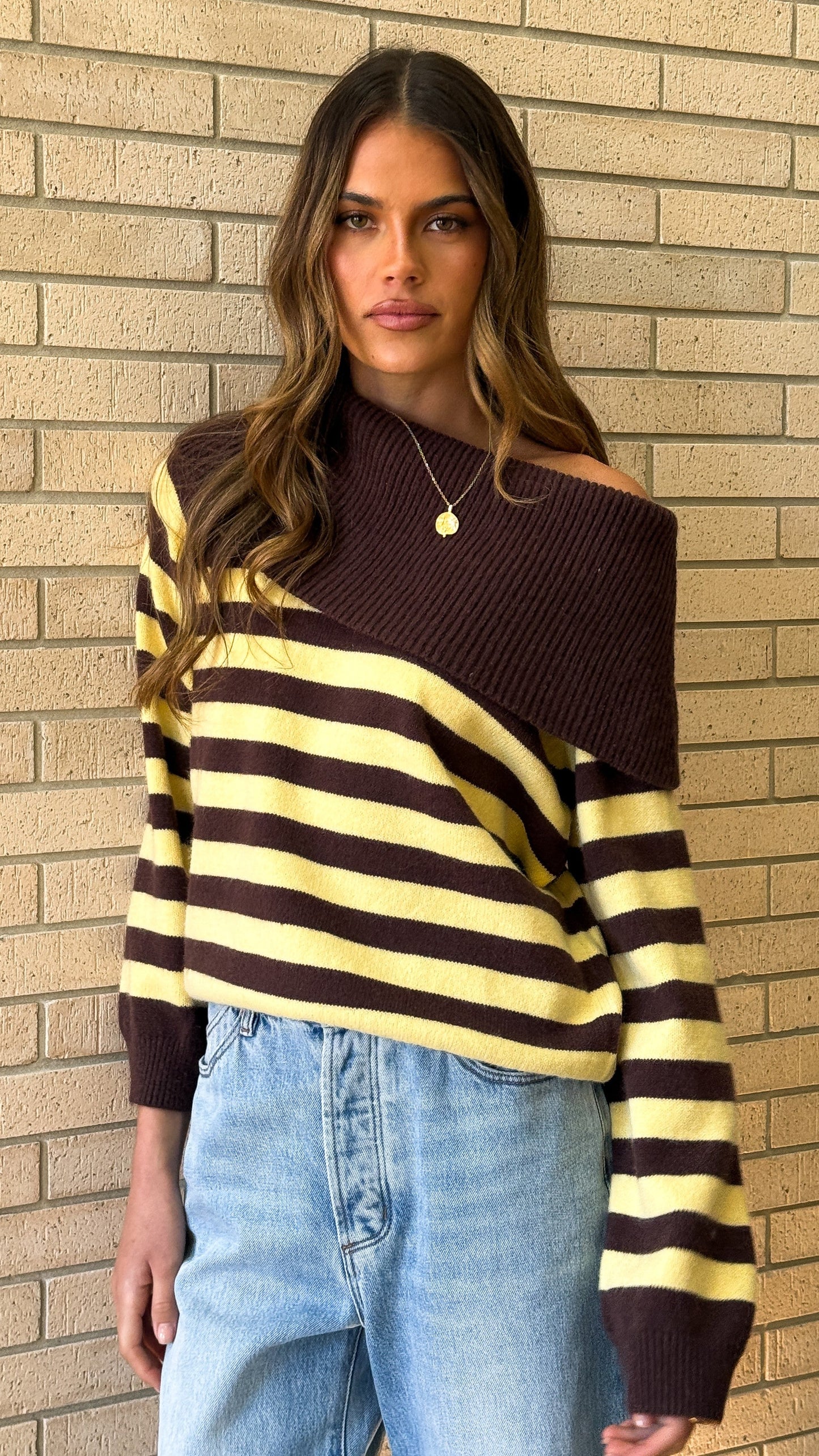 Henna Off Shoulder Knit Sweater - Yellow/Chocolate Stripe