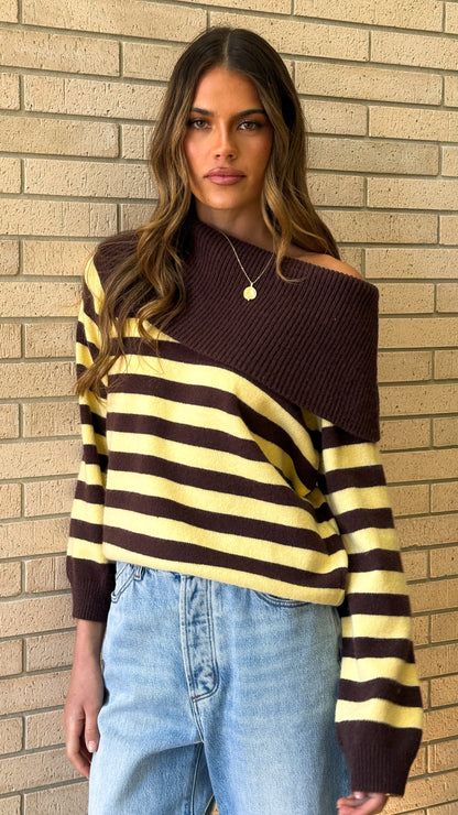 Henna Off Shoulder Knit Sweater - Yellow/Chocolate Stripe