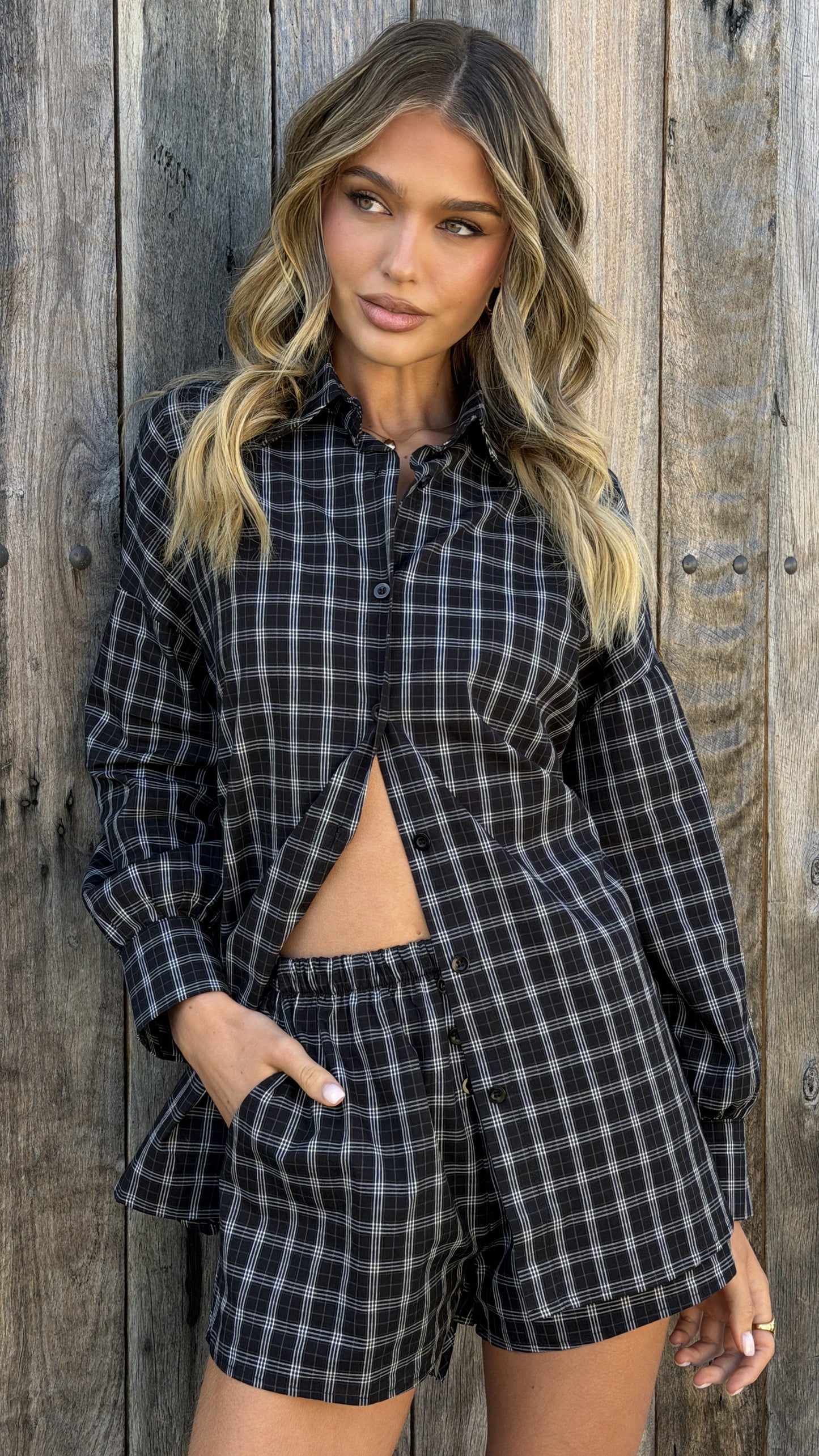 Kye Long Sleeve Top and Shorts Set - Black/White Plaid