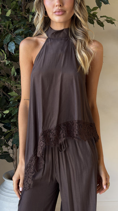 Elaia High Neck Top & Pants Set - Chocolate