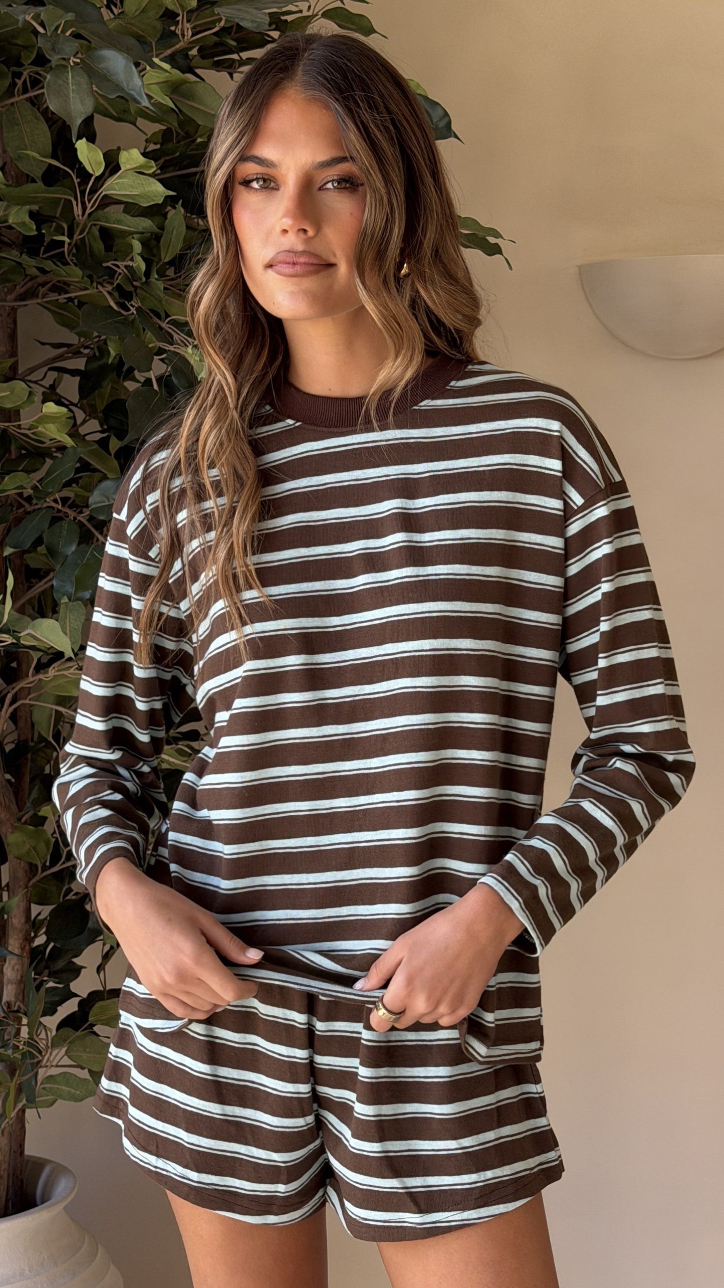 Harla Long Sleeve Top & Shorts Set - Brown/Blue Stripe