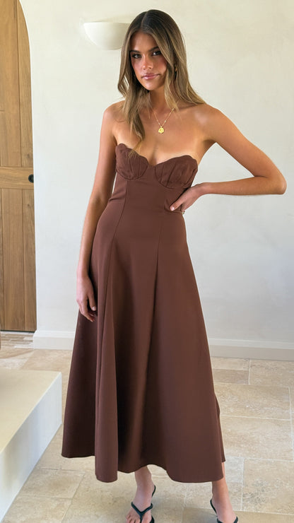 Janessa Strapless Midi Dress - Chocolate