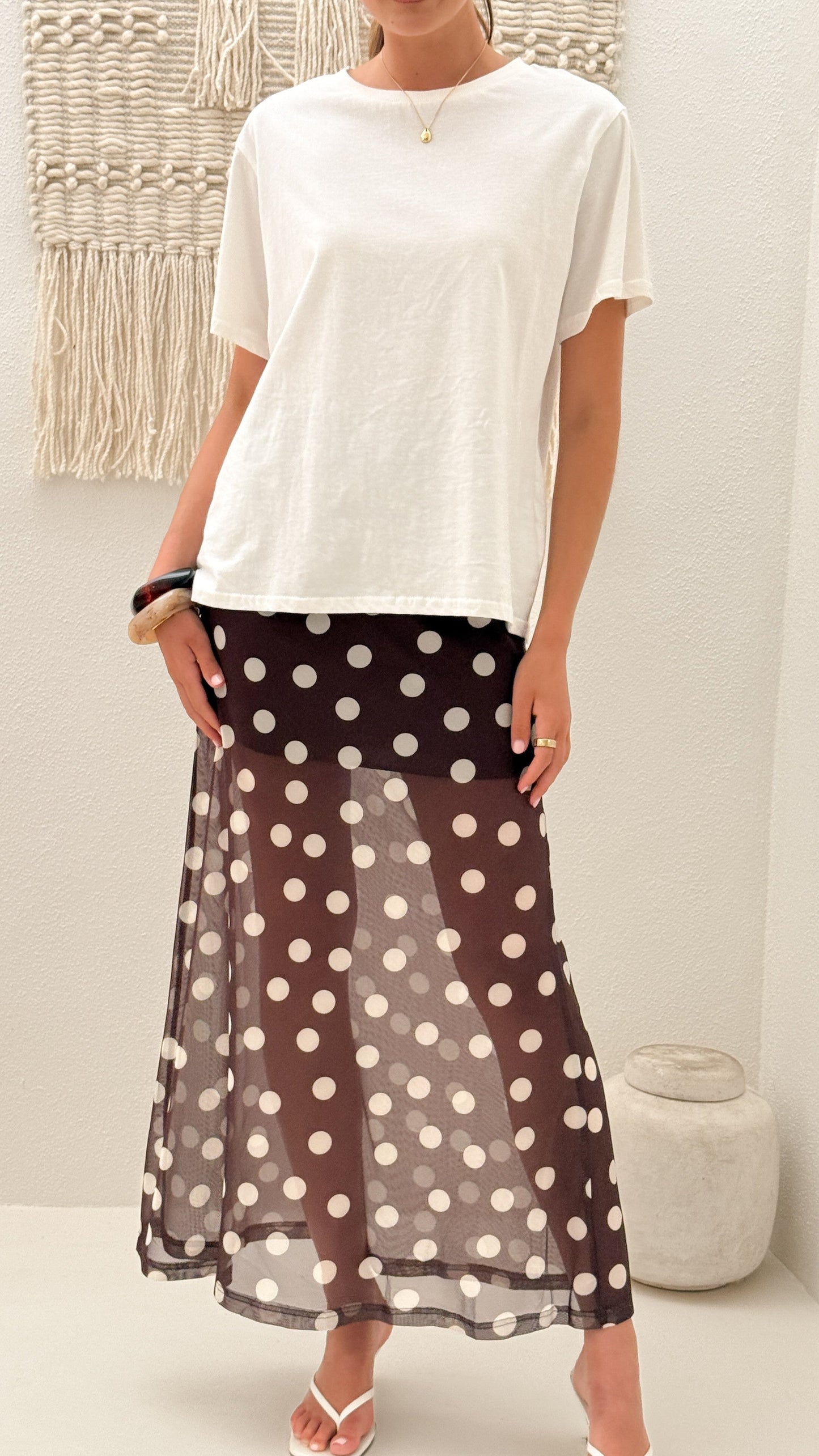 Onella Semi Sheer Maxi Skirt - Chocolate / White Polka Dot