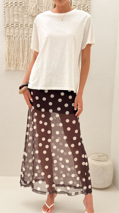 Onella Semi Sheer Maxi Skirt - Chocolate / White Polka Dot