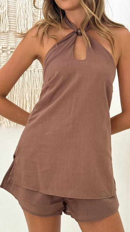 Jasper Halter Neck Top and Shorts Set - Brown