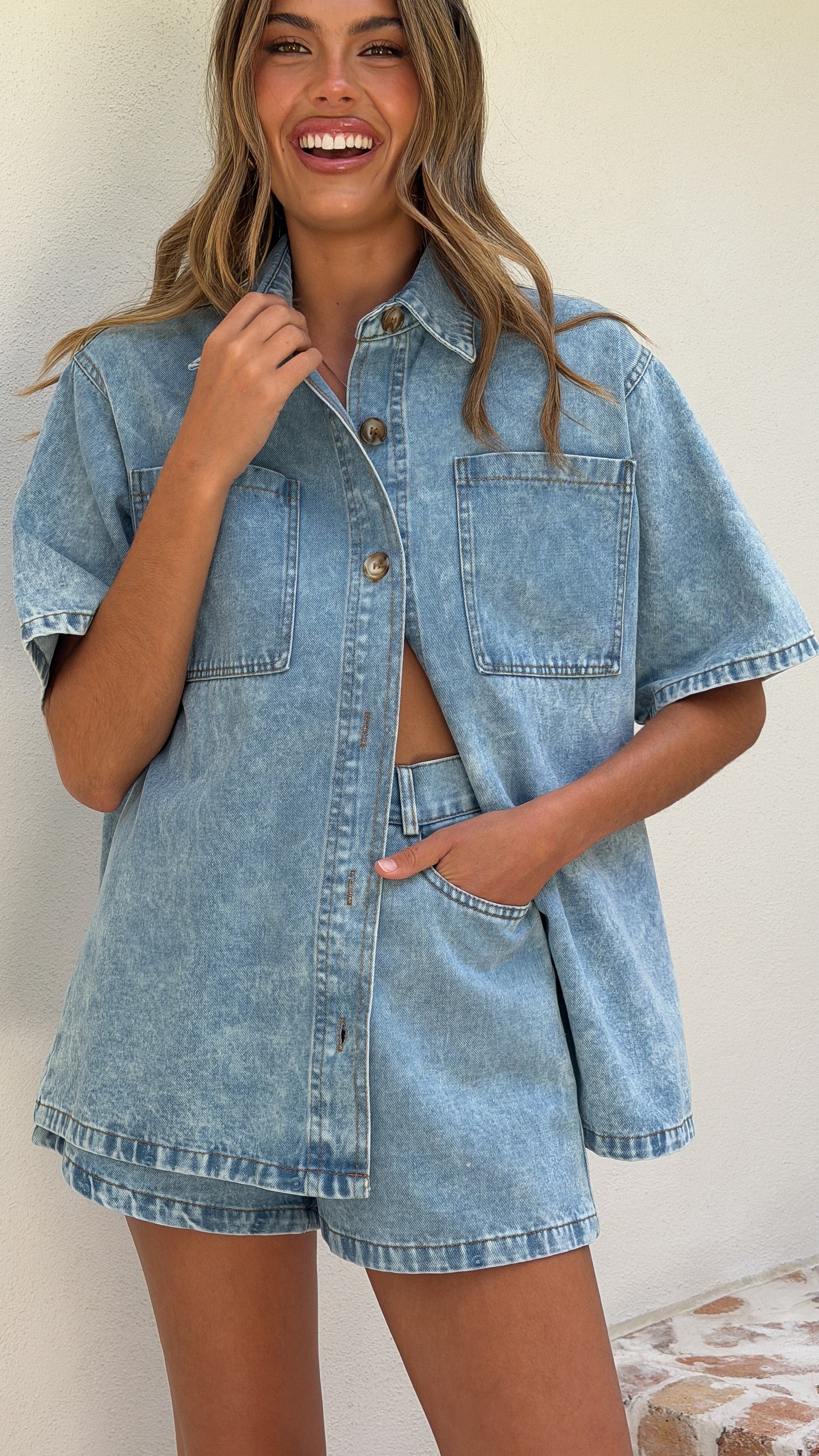 Olivia Shirt and Shorts Set - Light Denim
