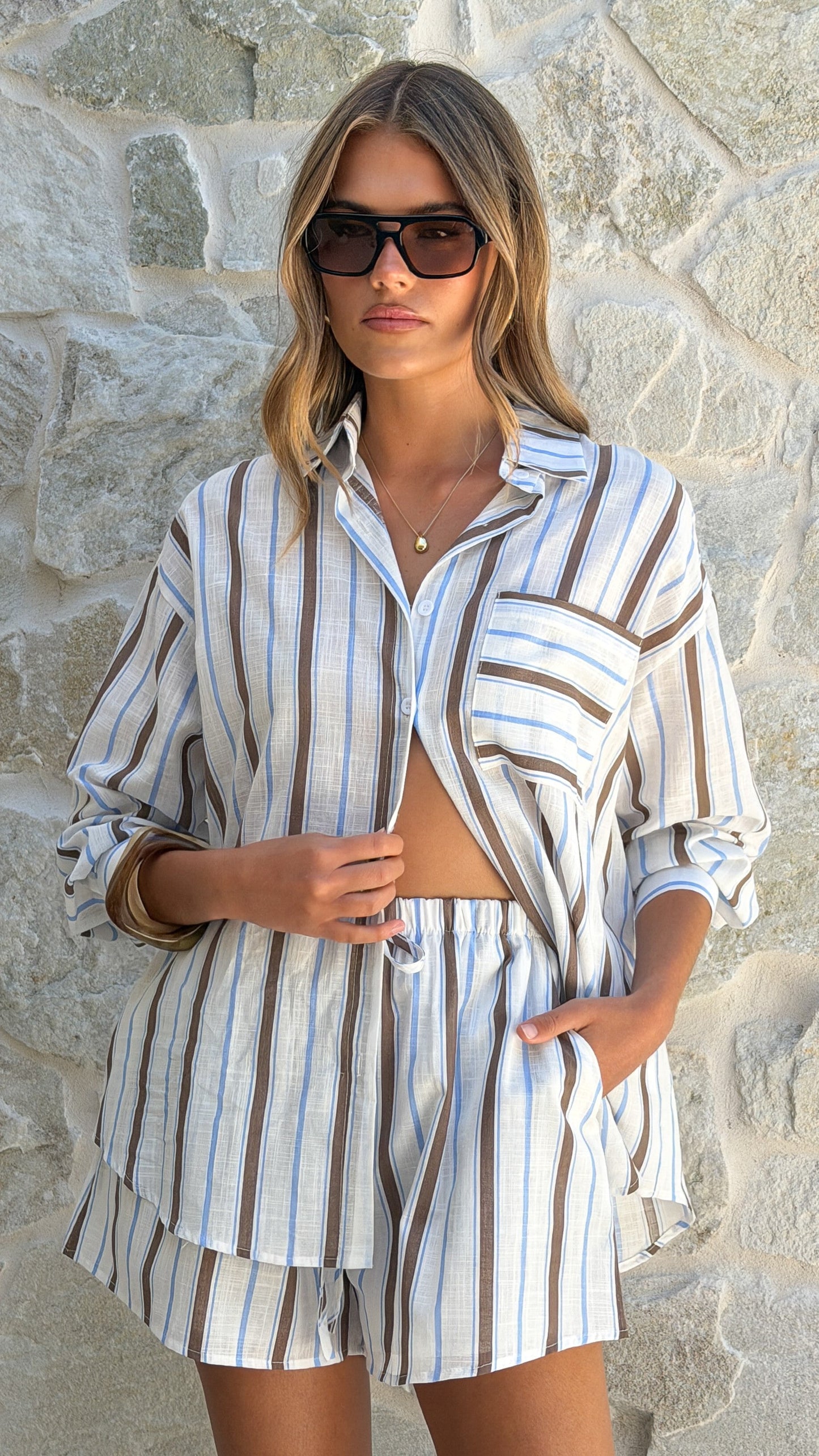 Elita Long Sleeve Button Up Shirt and Shorts Set - Choc/Blue Stripe