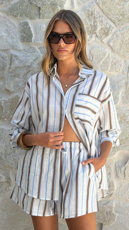 Elita Long Sleeve Button Up Shirt and Shorts Set - Choc/Blue Stripe