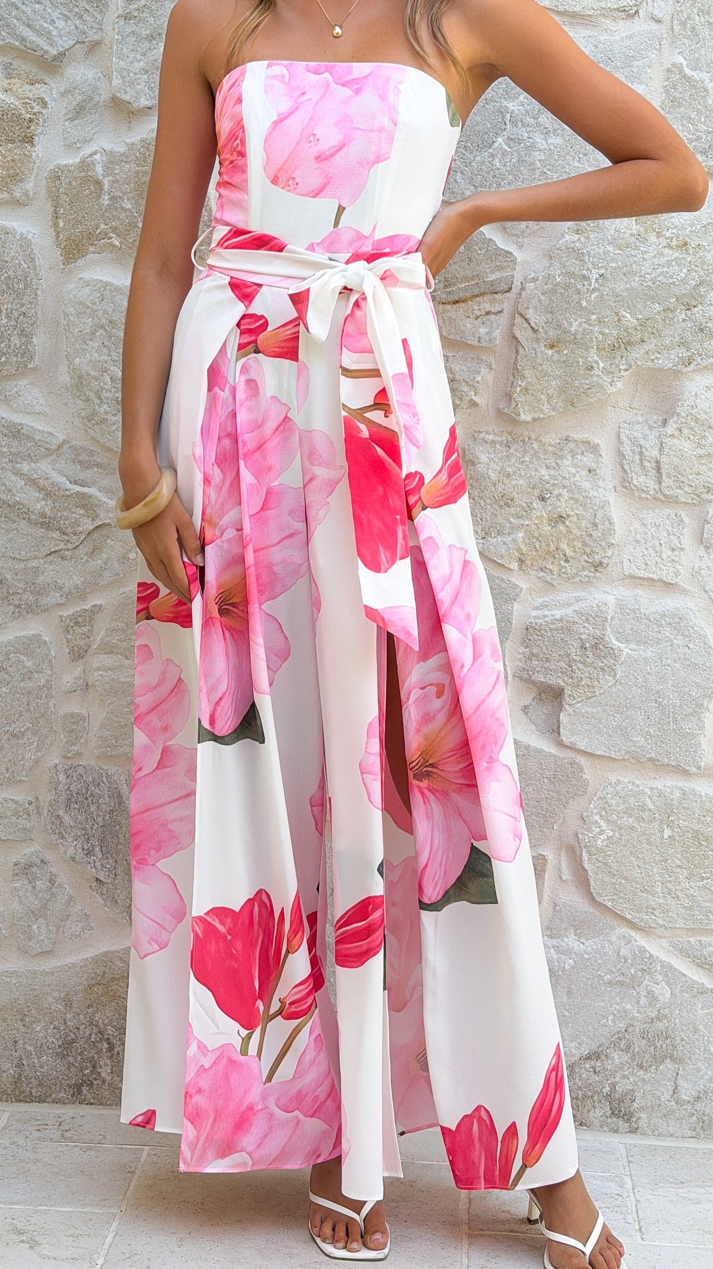 Carson Front Split Strapless Jumpsuit - Pink Floral