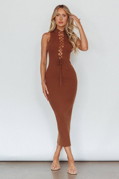 Brand New Day Lace-Up Bust Knit Midi Dress Chocolate