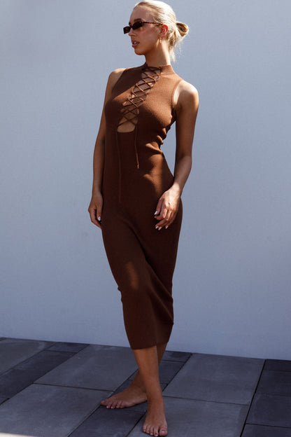 Brand New Day Lace-Up Bust Knit Midi Dress Chocolate