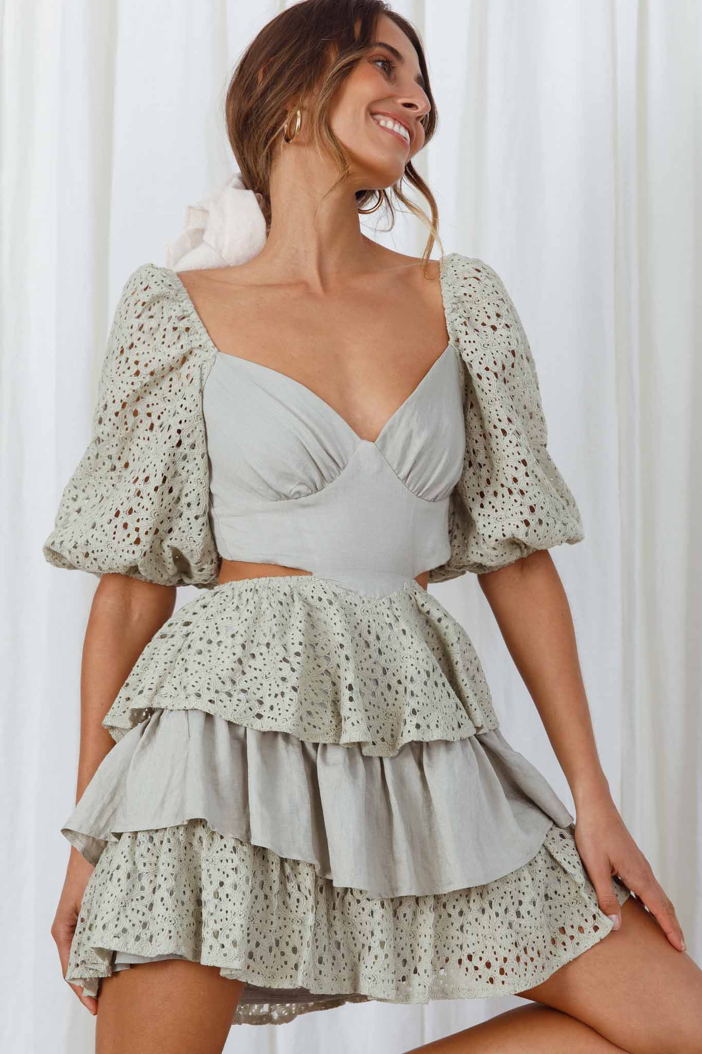 Emery Floral Lace Accent Layered Ruffle Tie Back Dress Avocado