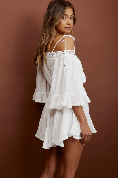 Jonie Crochet Trim Flared Sleeve Romper White