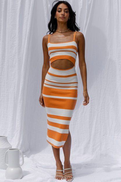 Dayana Cut-Out Waist Side Split Knit Midi Dress Striped Orange