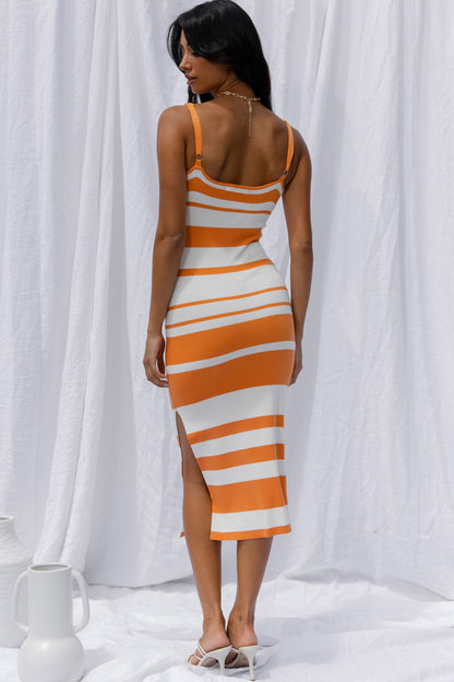 Dayana Cut-Out Waist Side Split Knit Midi Dress Striped Orange