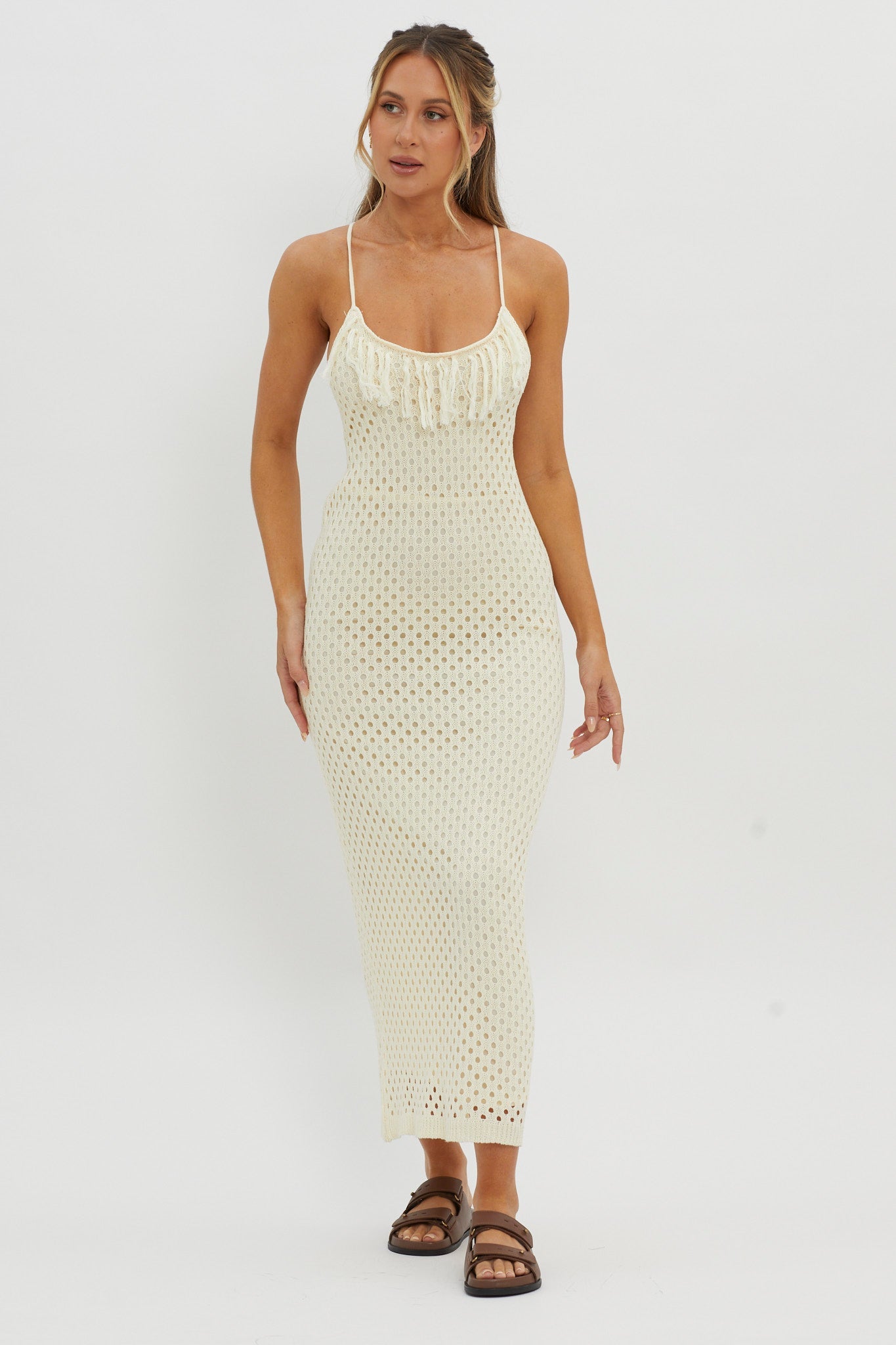 Kesha Open Back Crochet Maxi Dress Cream