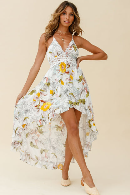 Over The Moon High-Low Hem Crochet Lace Dress Floral Print White