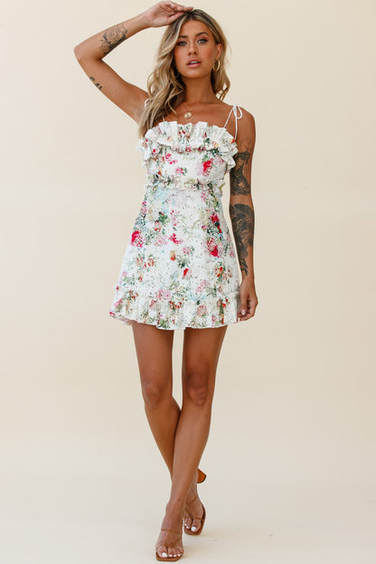 Frill Seeker Eyelet Embroidery Tied Back Dress Floral Print Multi