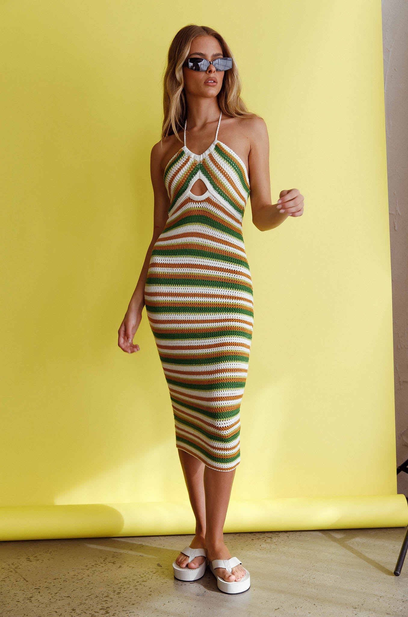Malibu Nights Halterneck Knit Midi Dress Striped Olive