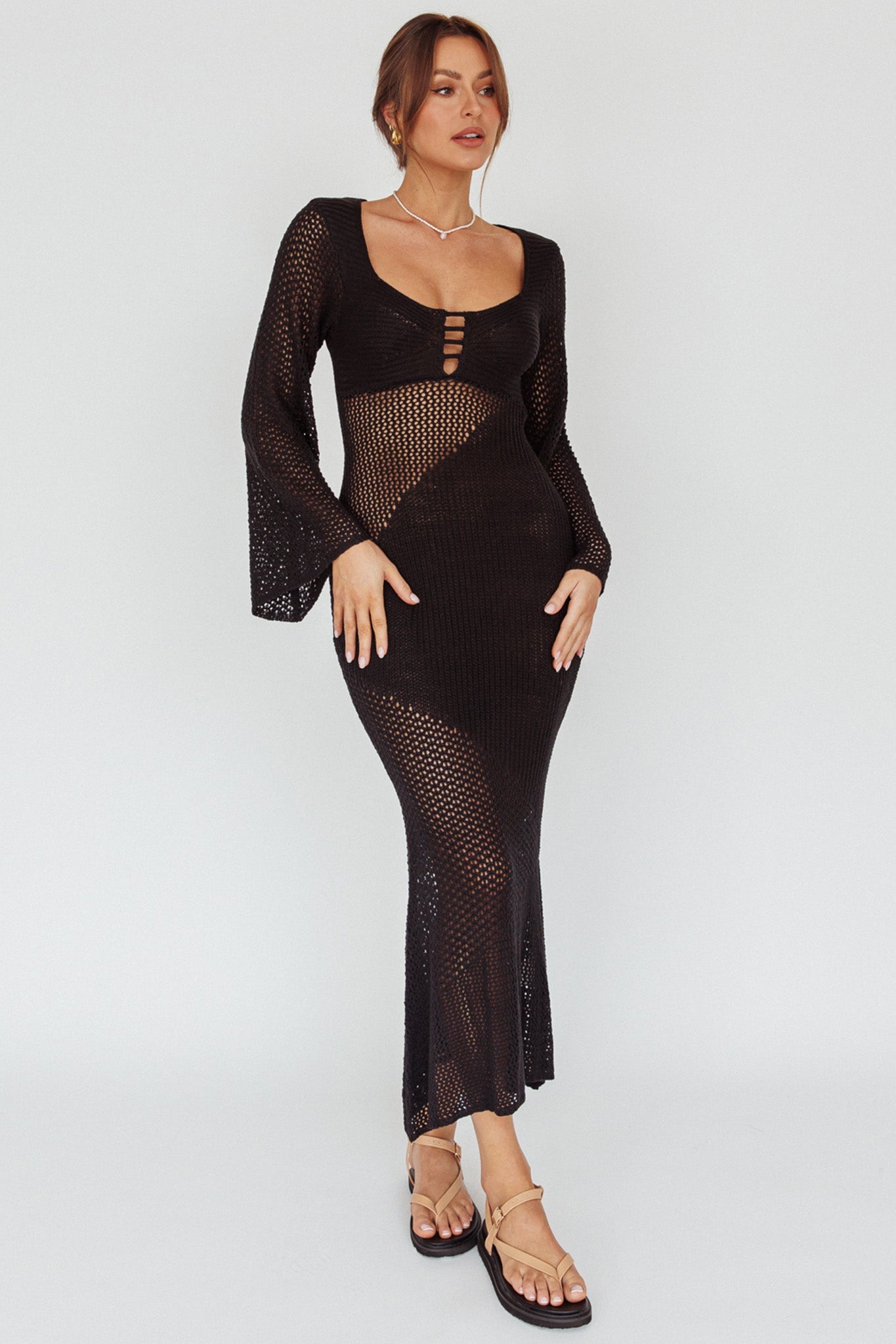 Zizi Long Sleeve Crochet Maxi Dress Black