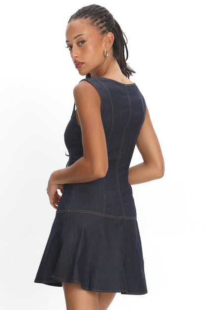 Big Plans Button Front Mini Dress Denim Indigo