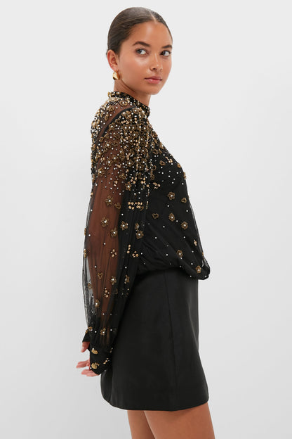 Black Embroidered Bubble Tulle Blouse
