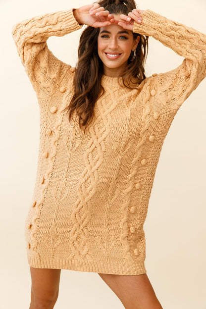 Snowstorm Pom Pom Detail Knit Sweater Dress Mustard