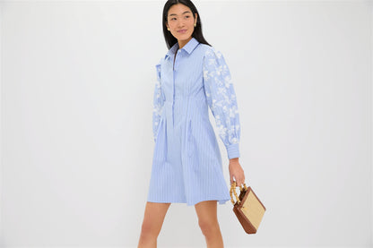 Blue Stripe Embroidery Mini Corinne Dress