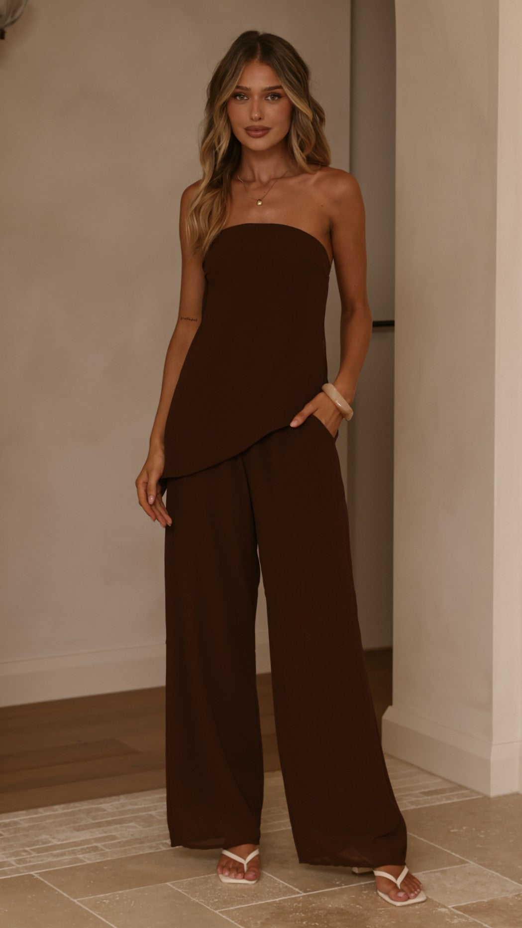 Zabrina Semi Sheer Strapless Top and Pants Set - Chocolate