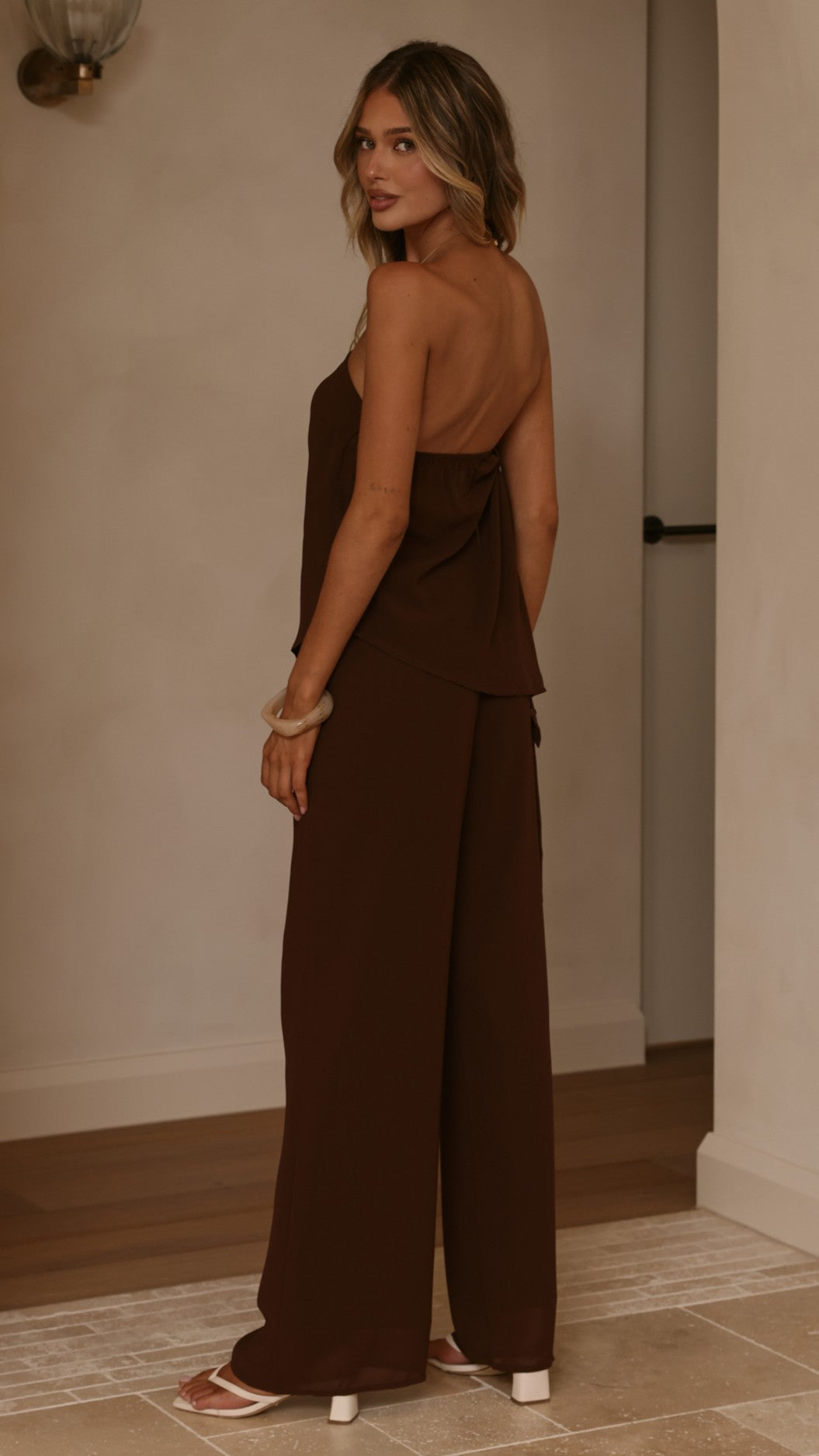 Zabrina Semi Sheer Strapless Top and Pants Set - Chocolate