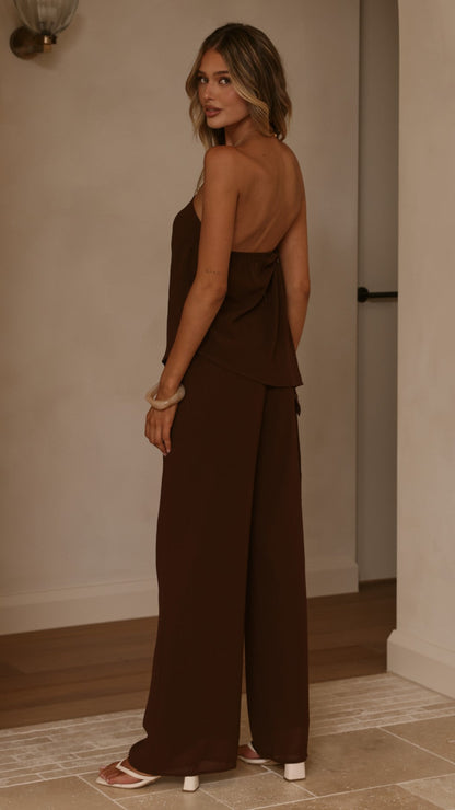 Zabrina Semi Sheer Strapless Top and Pants Set - Chocolate