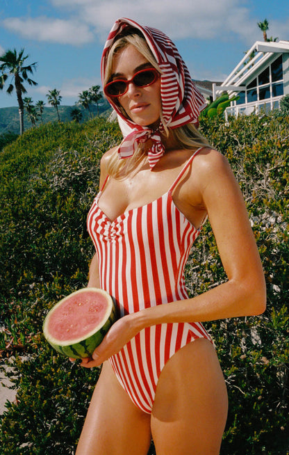 Bells Beach One Piece ~ Red Stripe Contour Scrunch