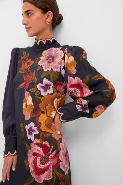 Black Chenille Flowers Midi Dress