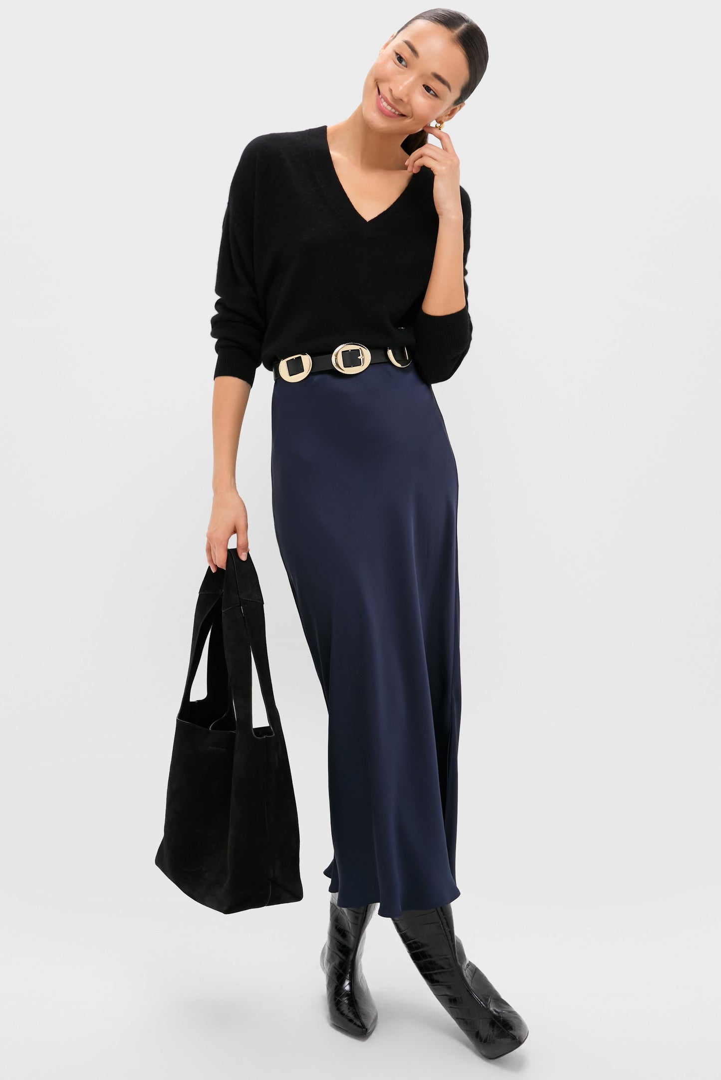 Black Emma Cashmere Boyfriend V-Neck Sweater