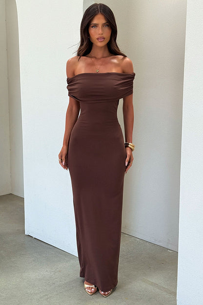 Jackie Off-Shoulder Maxi Dress - Brown