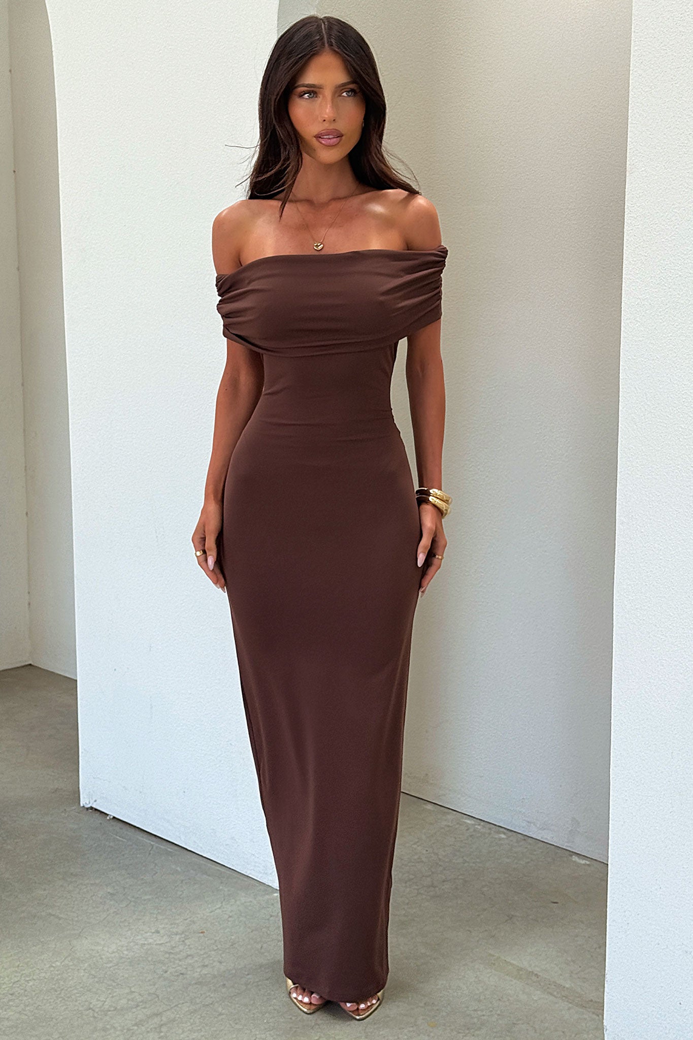 Jackie Off-Shoulder Maxi Dress - Brown