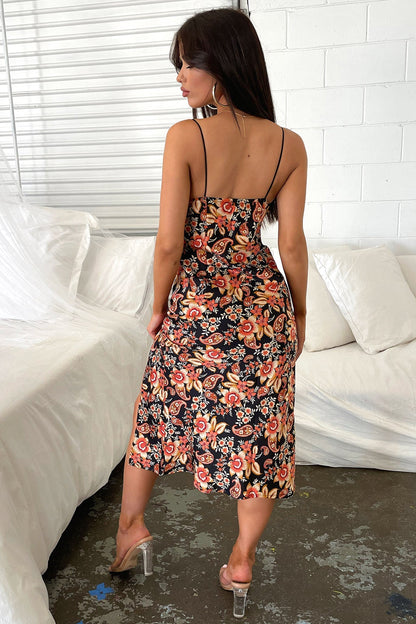 Jennifer Satin Midi Dress - Black Floral