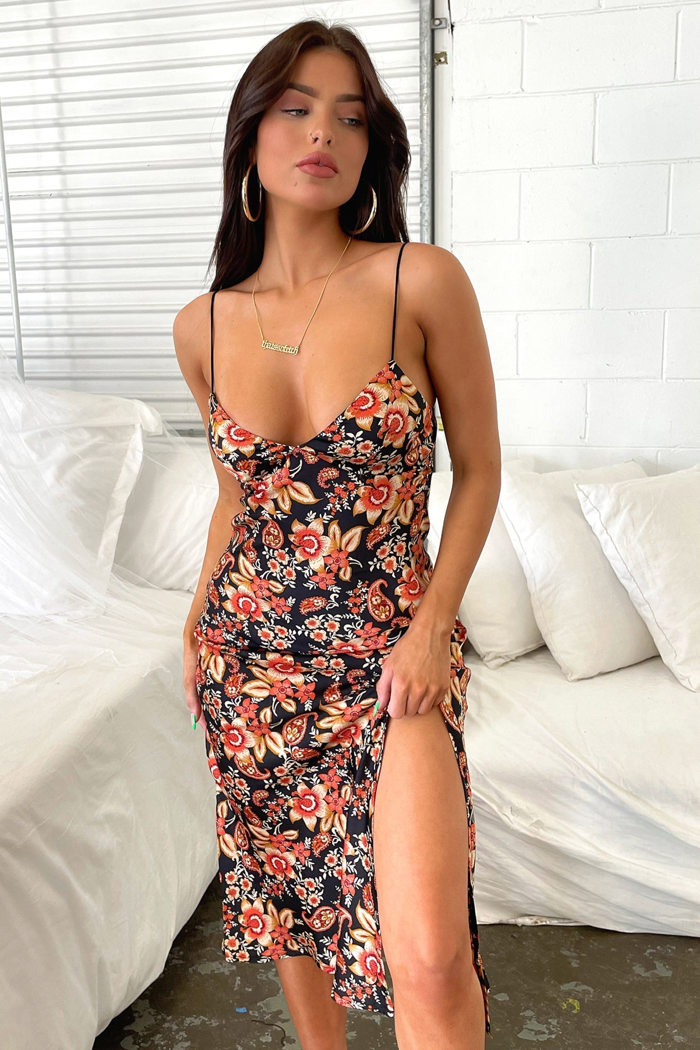 Jennifer Satin Midi Dress - Black Floral