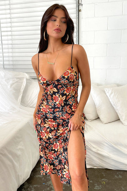 Jennifer Satin Midi Dress - Black Floral