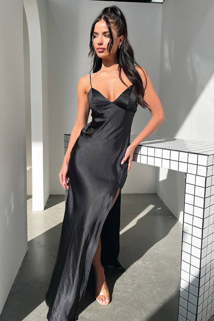 Jennifer Satin Maxi Dress - Black