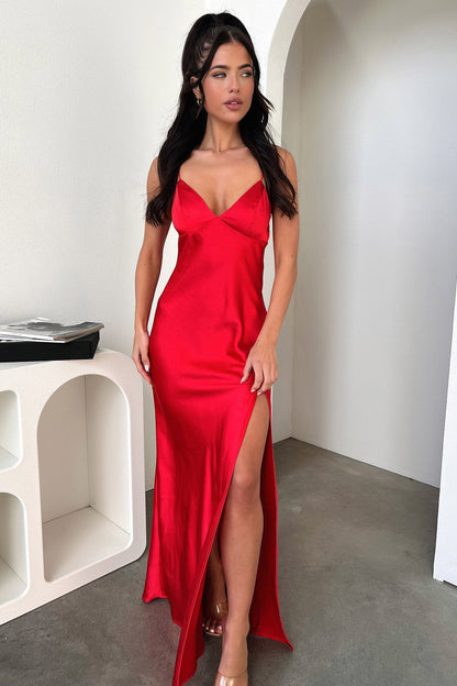 Jennifer Satin Maxi Dress - Red