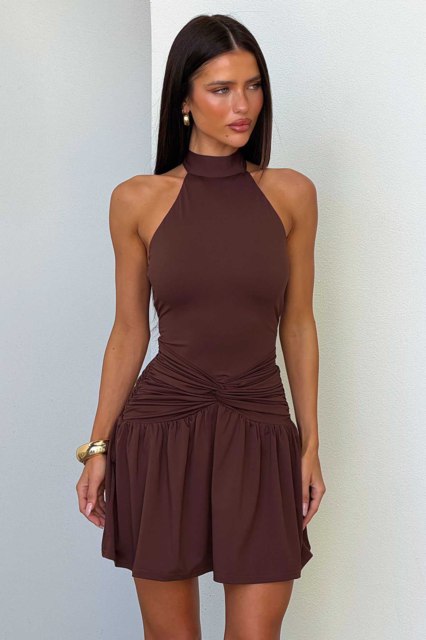 Kallie High Neck Mini Dress - Brown