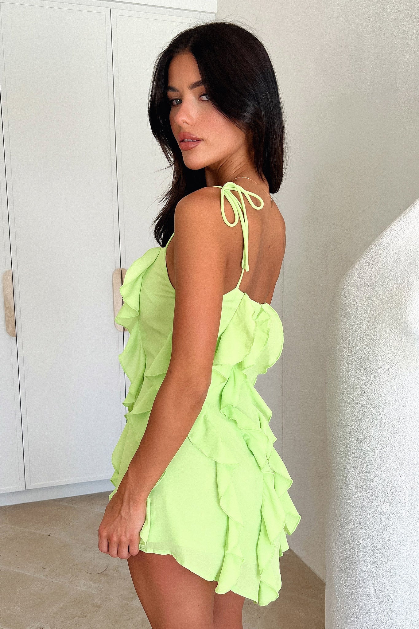 Kansis One Shoulder Ruffle Mini Dress - Green