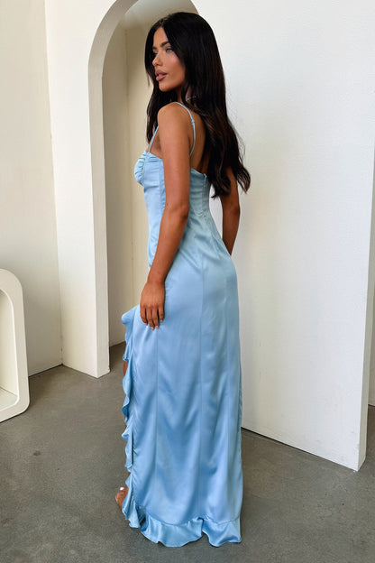 Lauren Ruffle Trim Satin Maxi Dress - Blue
