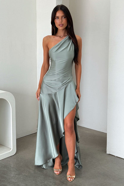 Leni One Shoulder Satin Maxi Dress - Olive