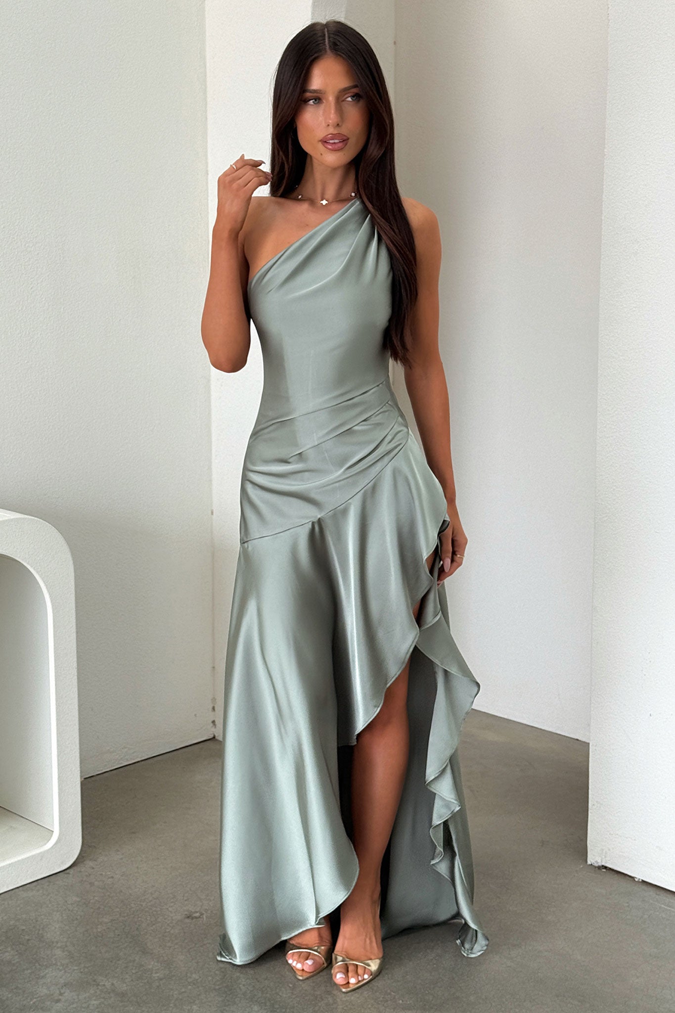 Leni One Shoulder Satin Maxi Dress - Olive