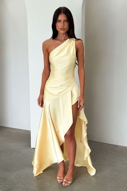 Leni One Shoulder Satin Maxi Dress - Yellow