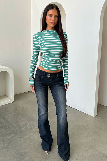 Liroa High Neck Long Sleeve Top - Green & White Stripe