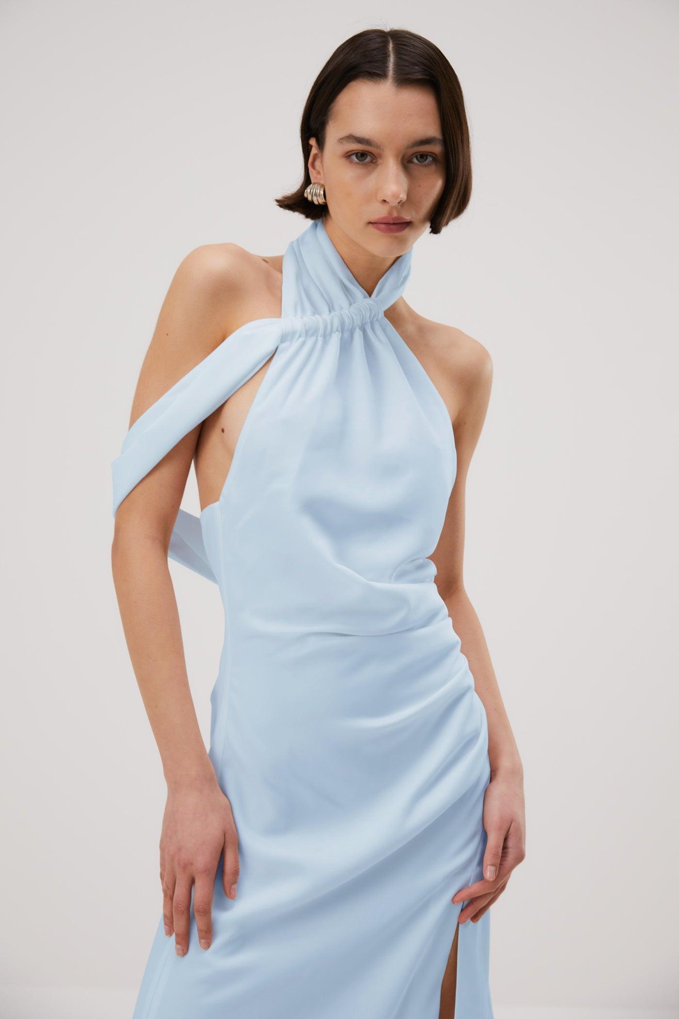 Misha Della Satin Midi Dress - Sky Blue